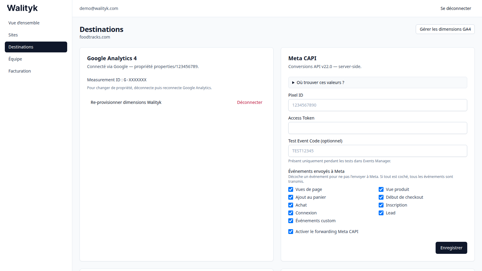 Page Destinations du dashboard Walityk : carte Google Analytics 4 connectée via Google et formulaire Meta CAPI